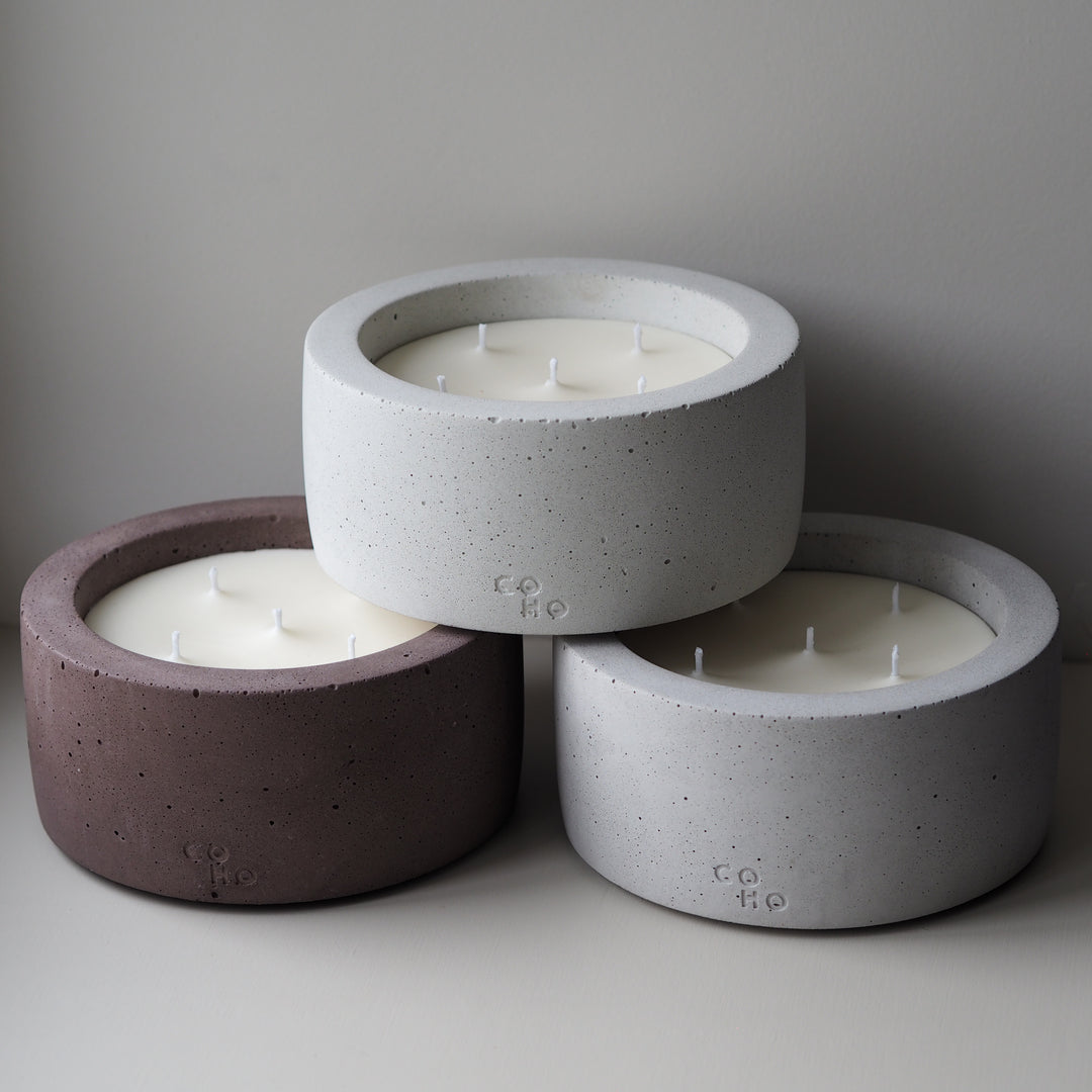 large concrete candles 5 wick mocha brown sandy white and modern grey
