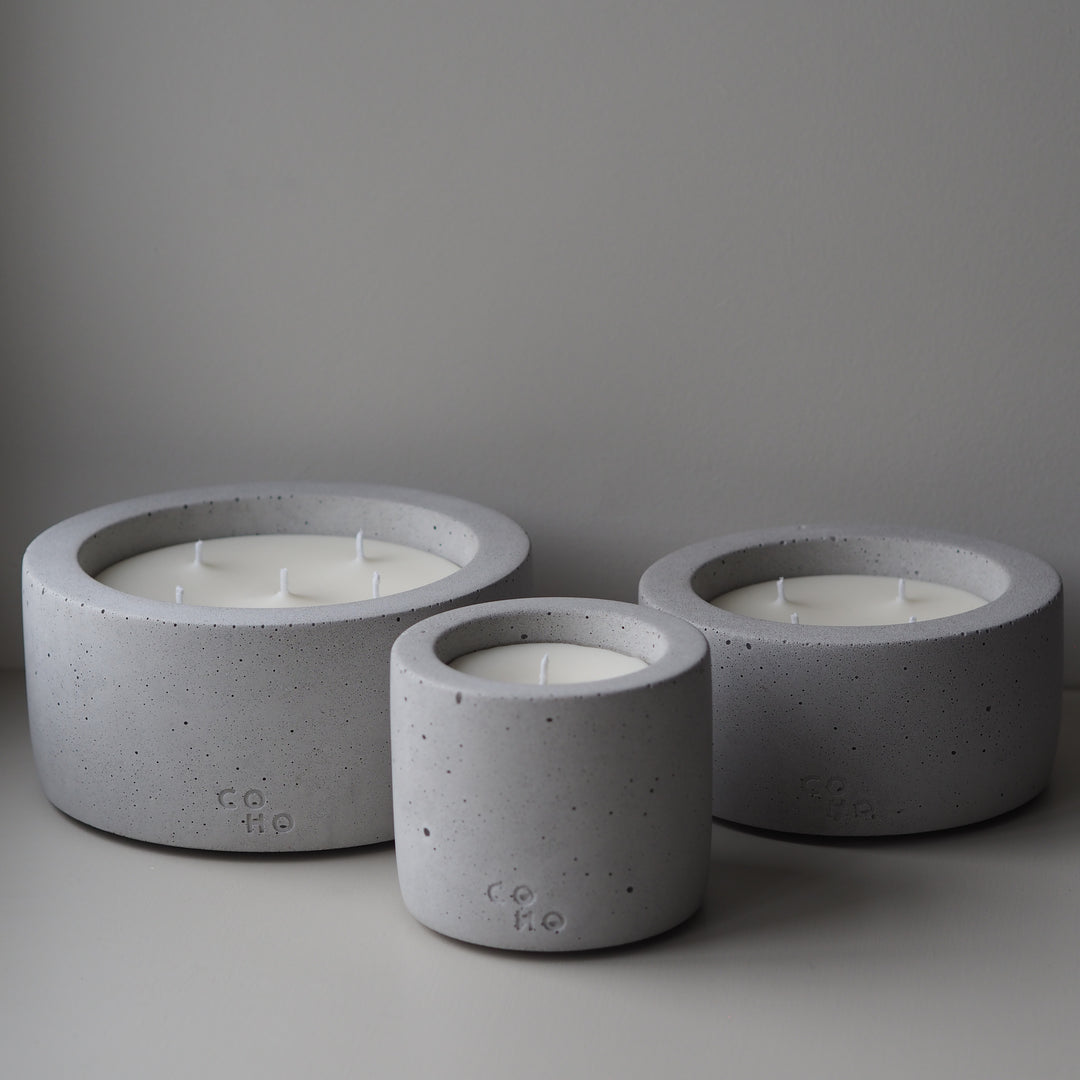 Modern grey concrete candle collection